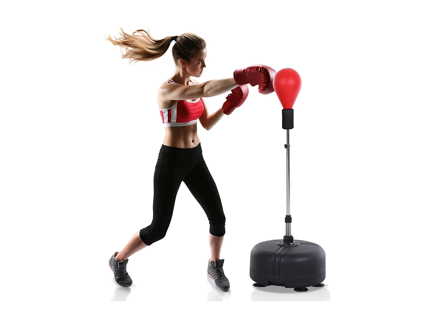 Punchingball avec support, ajustable en hauteur 136-154 cm, cuir synthétique, rouge (48x48x154 cm)