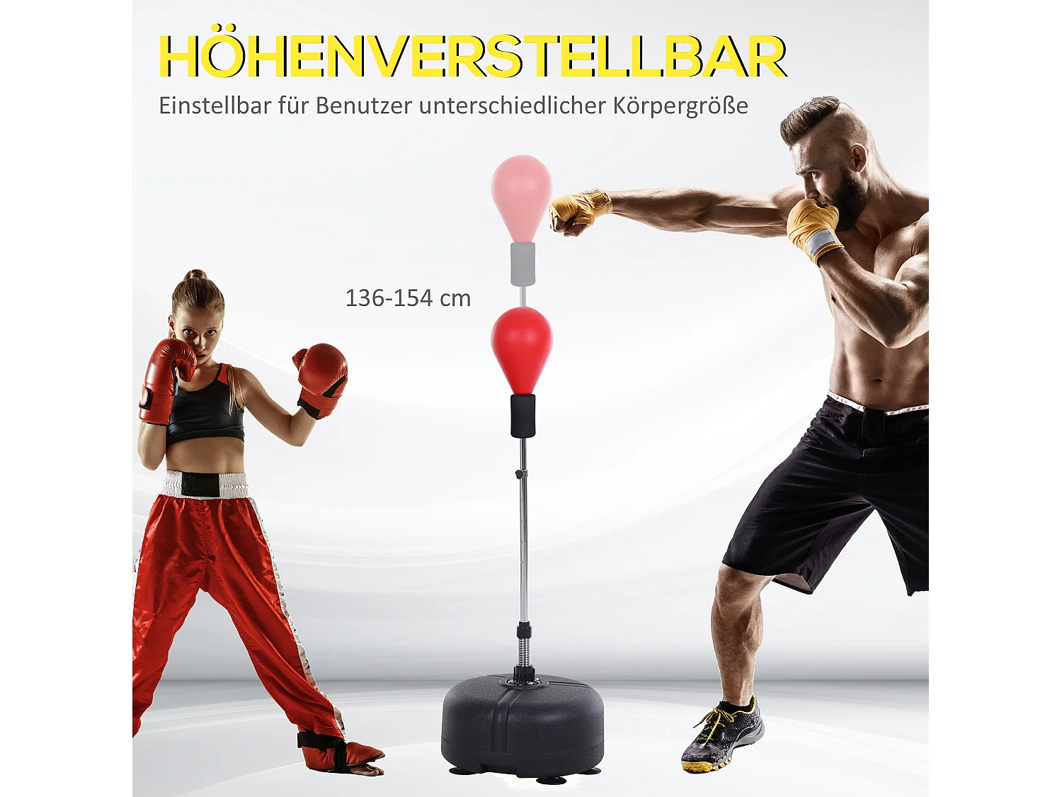 Punchingball avec support, ajustable en hauteur 136-154 cm, cuir synthétique, rouge (48x48x154 cm)