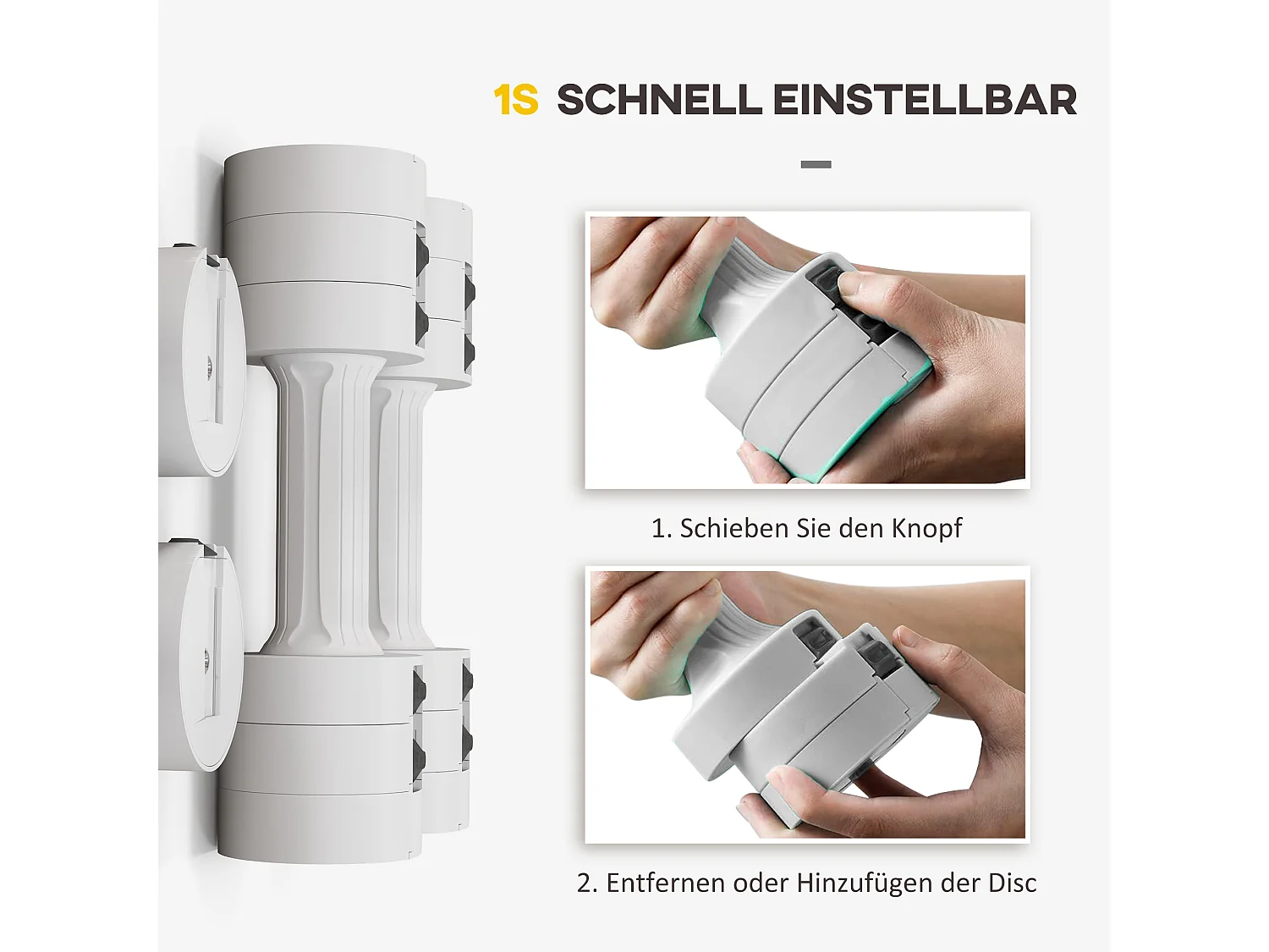 Haltères ajustables, set de 2 x 2,5 kg, plastique, avec poignées antidérapantes, blanc (26.5x7.5x7.5 cm)