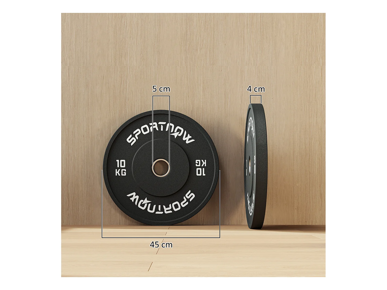 Set de 2 disques de poids 10kg, caoutchouc, trou Ø50mm, noir (45x45x4cm)