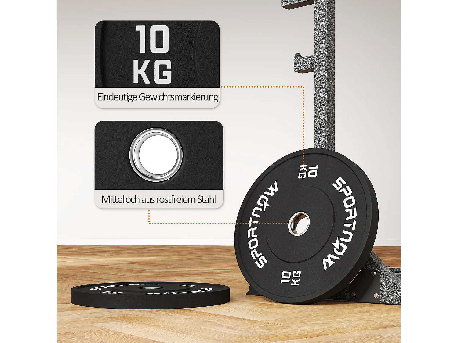 Set de 2 disques de poids 10kg, caoutchouc, trou Ø50mm, noir (45x45x4cm)