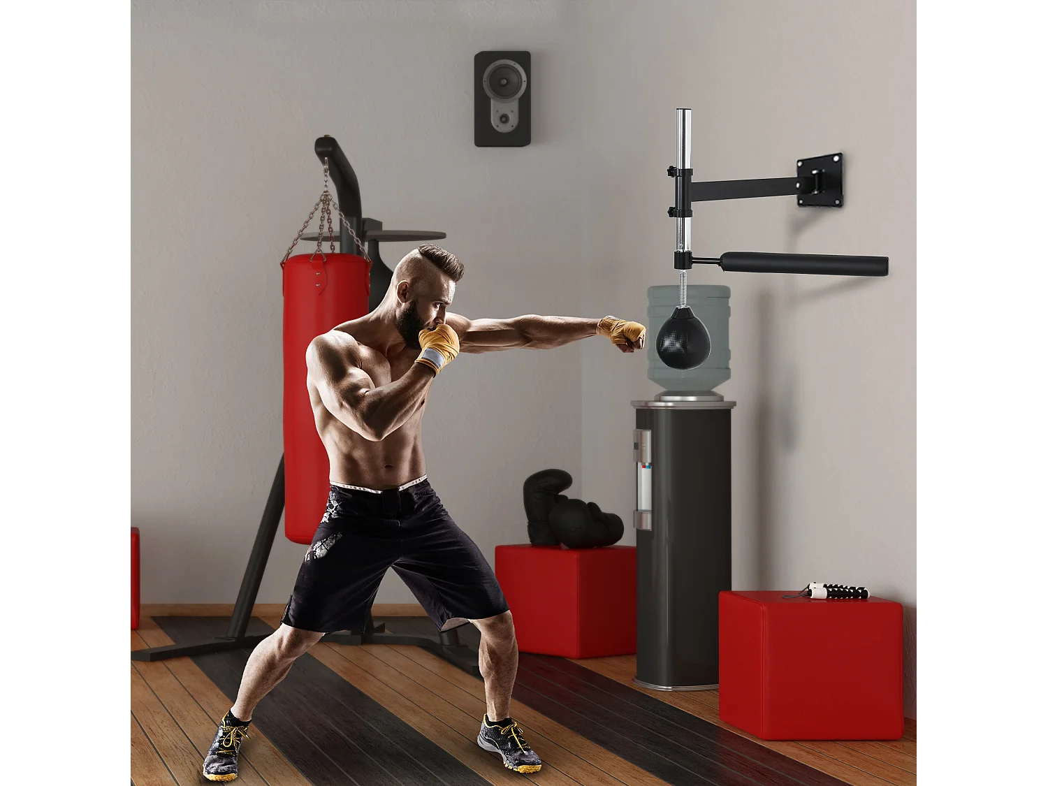 Support de boxe avec Speedball, 360° Pivotant, Réglable, Acier, Noir (79x72x20 cm)