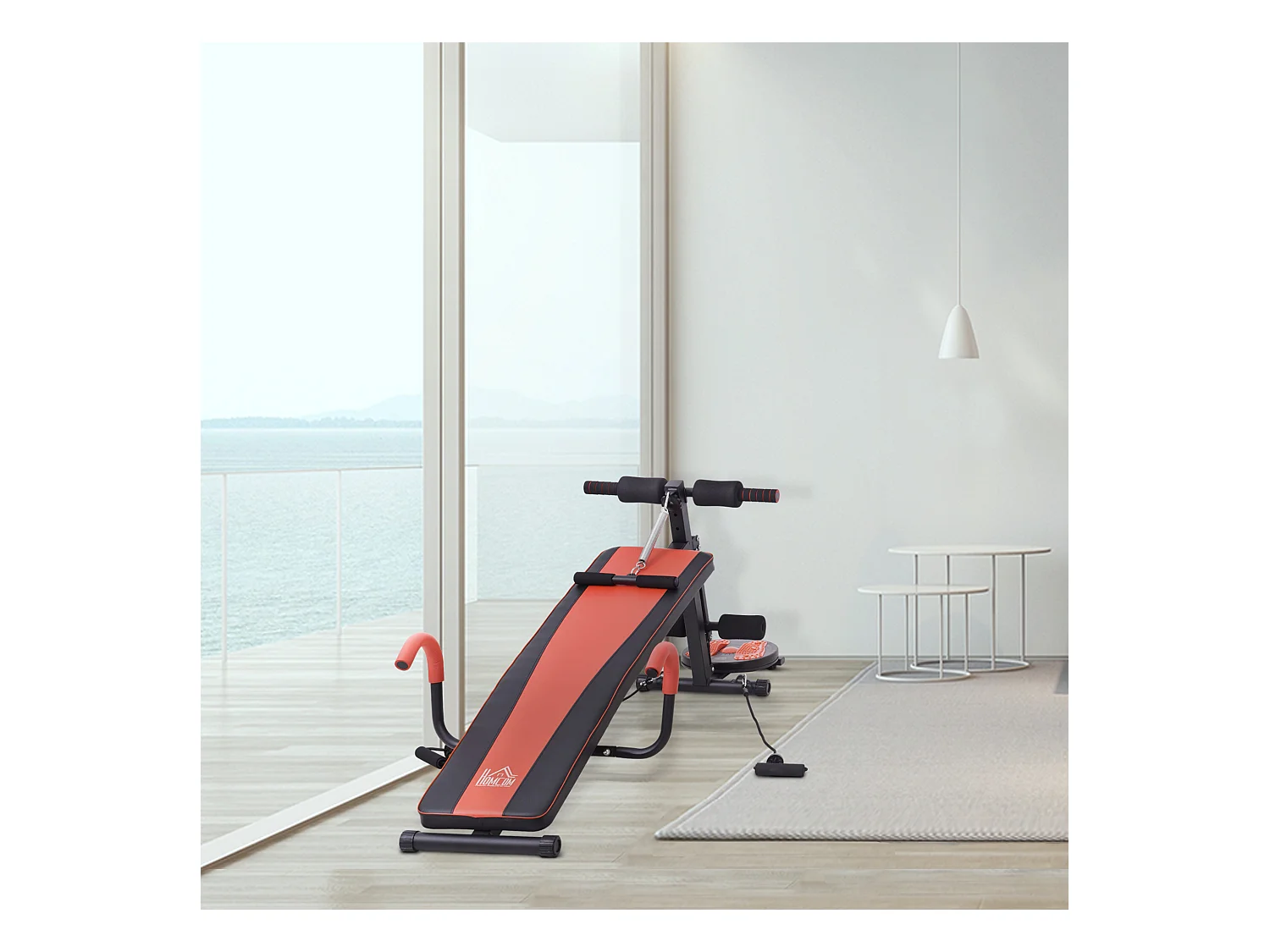 Banc de musculation réglable pour abdominaux, acier, rouge et noir, avec mousse haute densité (166x53x60cm)