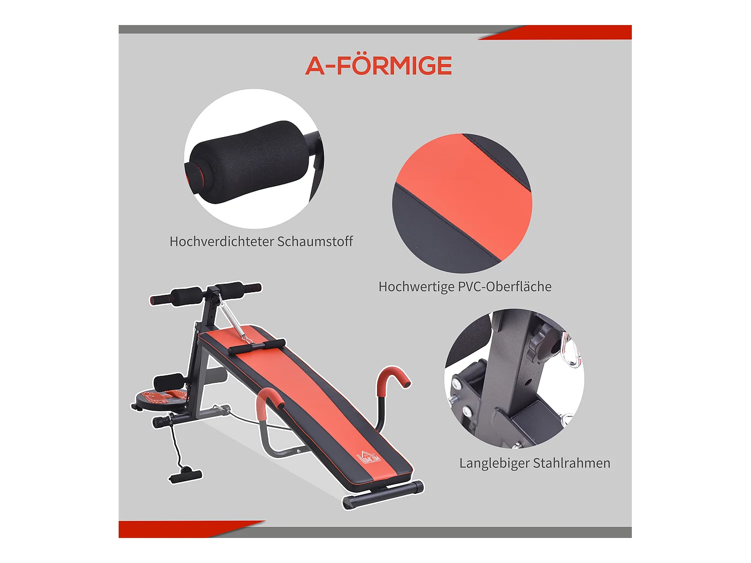 Banc de musculation réglable pour abdominaux, acier, rouge et noir, avec mousse haute densité (166x53x60cm)