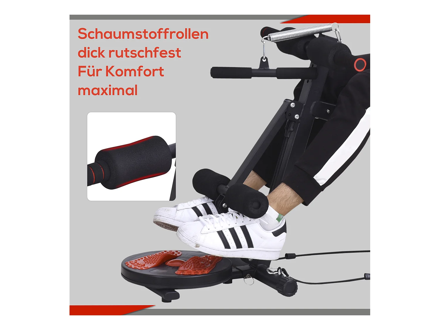 Banc de musculation réglable pour abdominaux, acier, rouge et noir, avec mousse haute densité (166x53x60cm)