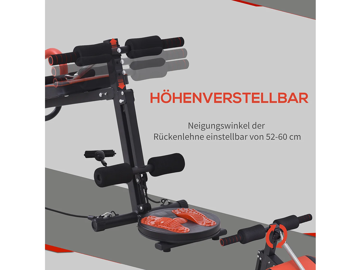 Banc de musculation réglable pour abdominaux, acier, rouge et noir, avec mousse haute densité (166x53x60cm)