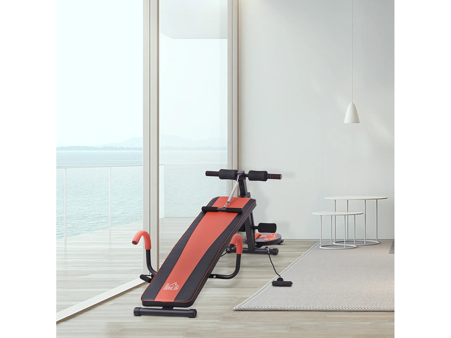 Banc de musculation réglable pour abdominaux, acier, rouge et noir, avec mousse haute densité (166x53x60cm)