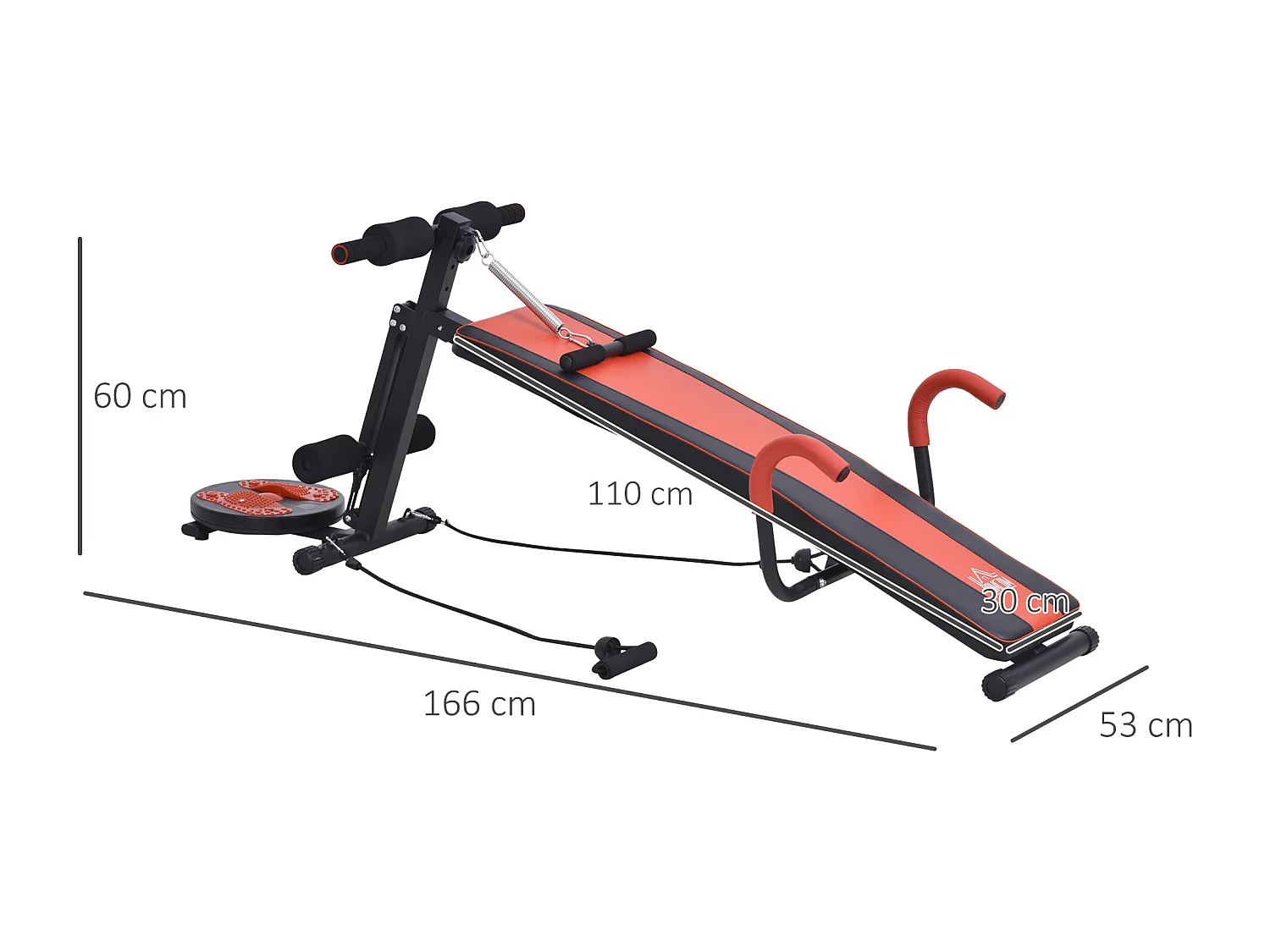 Banc de musculation réglable pour abdominaux, acier, rouge et noir, avec mousse haute densité (166x53x60cm)