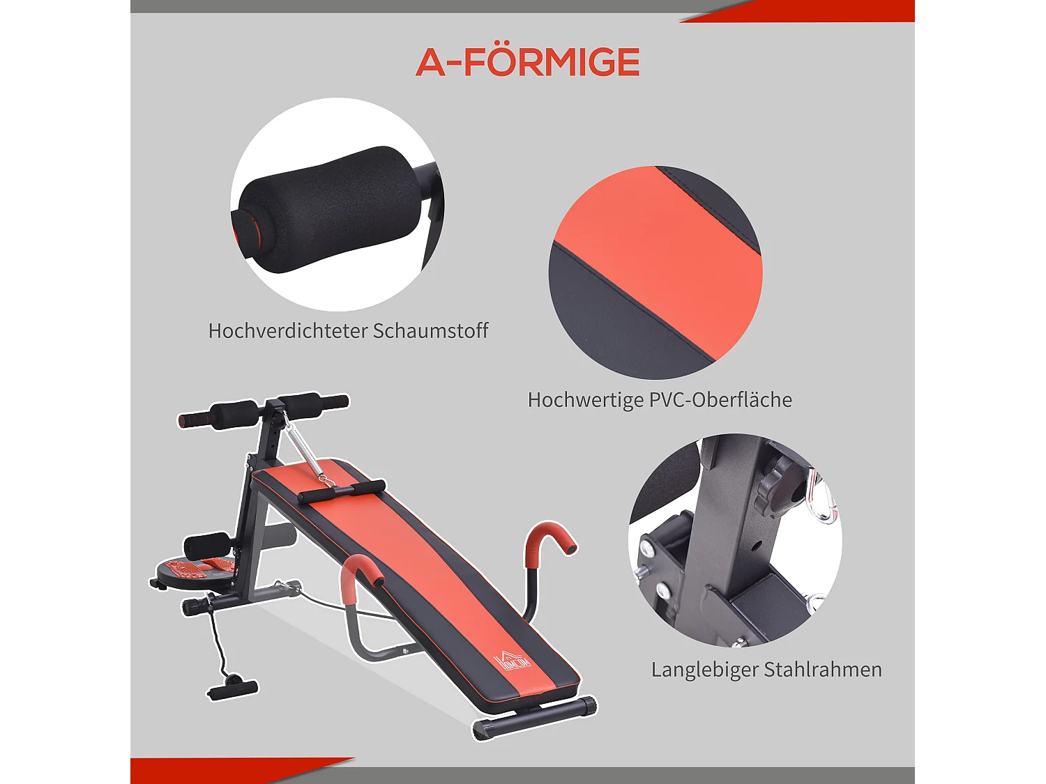 Banc de musculation réglable pour abdominaux, acier, rouge et noir, avec mousse haute densité (166x53x60cm)