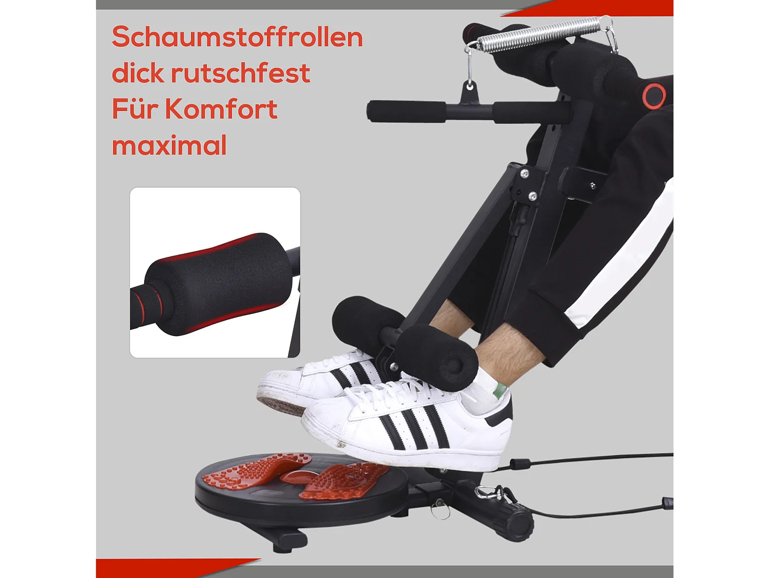 Banc de musculation réglable pour abdominaux, acier, rouge et noir, avec mousse haute densité (166x53x60cm)