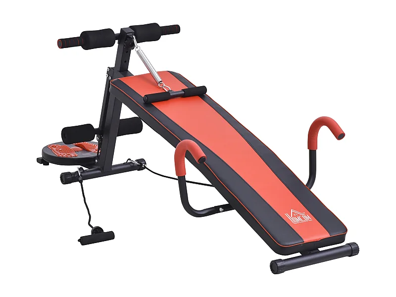 Banc de musculation réglable pour abdominaux, acier, rouge et noir, avec mousse haute densité (166x53x60cm)