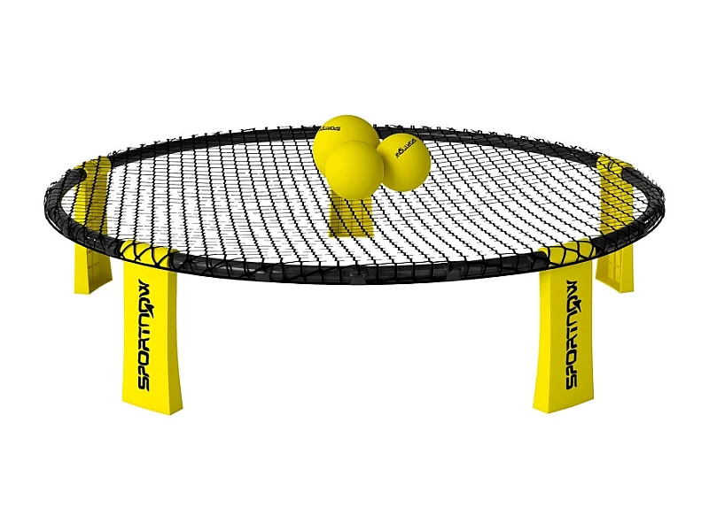 Set pieghevole con rete rotonda, 3 palline, borsa per il trasporto e pompa, plastica, giallo (92x92x20 cm)