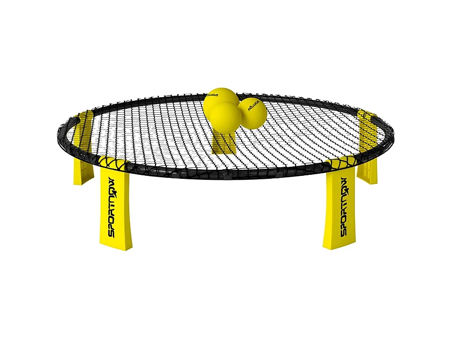 Set de roundnet pliable avec filet, 3 balles, sac de transport et pompe, plastique, jaune (92x92x20 cm)