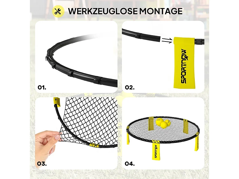 Set de roundnet pliable avec filet, 3 balles, sac de transport et pompe, plastique, jaune (92x92x20 cm)