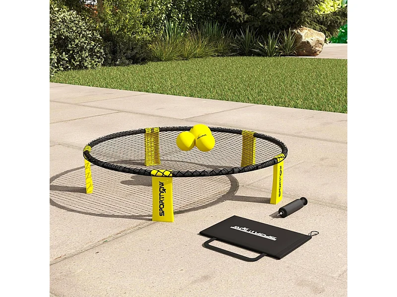 Set de roundnet pliable avec filet, 3 balles, sac de transport et pompe, plastique, jaune (92x92x20 cm)