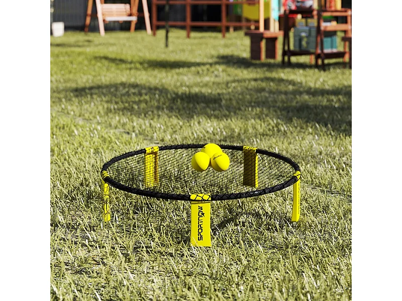 Set de roundnet pliable avec filet, 3 balles, sac de transport et pompe, plastique, jaune (92x92x20 cm)