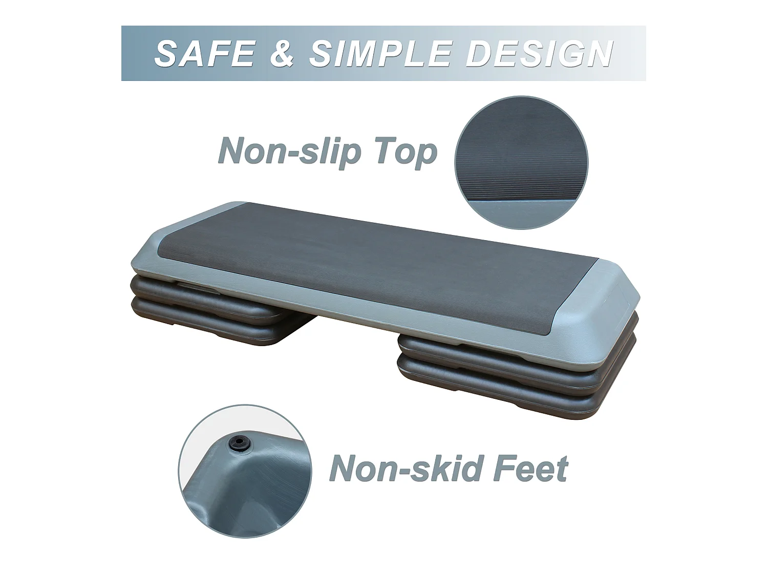 Plateforme de step aérobic réglable, surface antidérapante, polyéthylène, gris, avec 4 rehausseurs (109x41x11 cm)