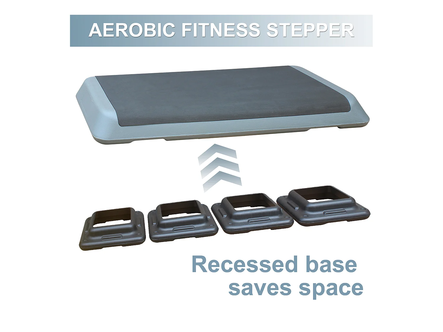 Plateforme de step aérobic réglable, surface antidérapante, polyéthylène, gris, avec 4 rehausseurs (109x41x11 cm)