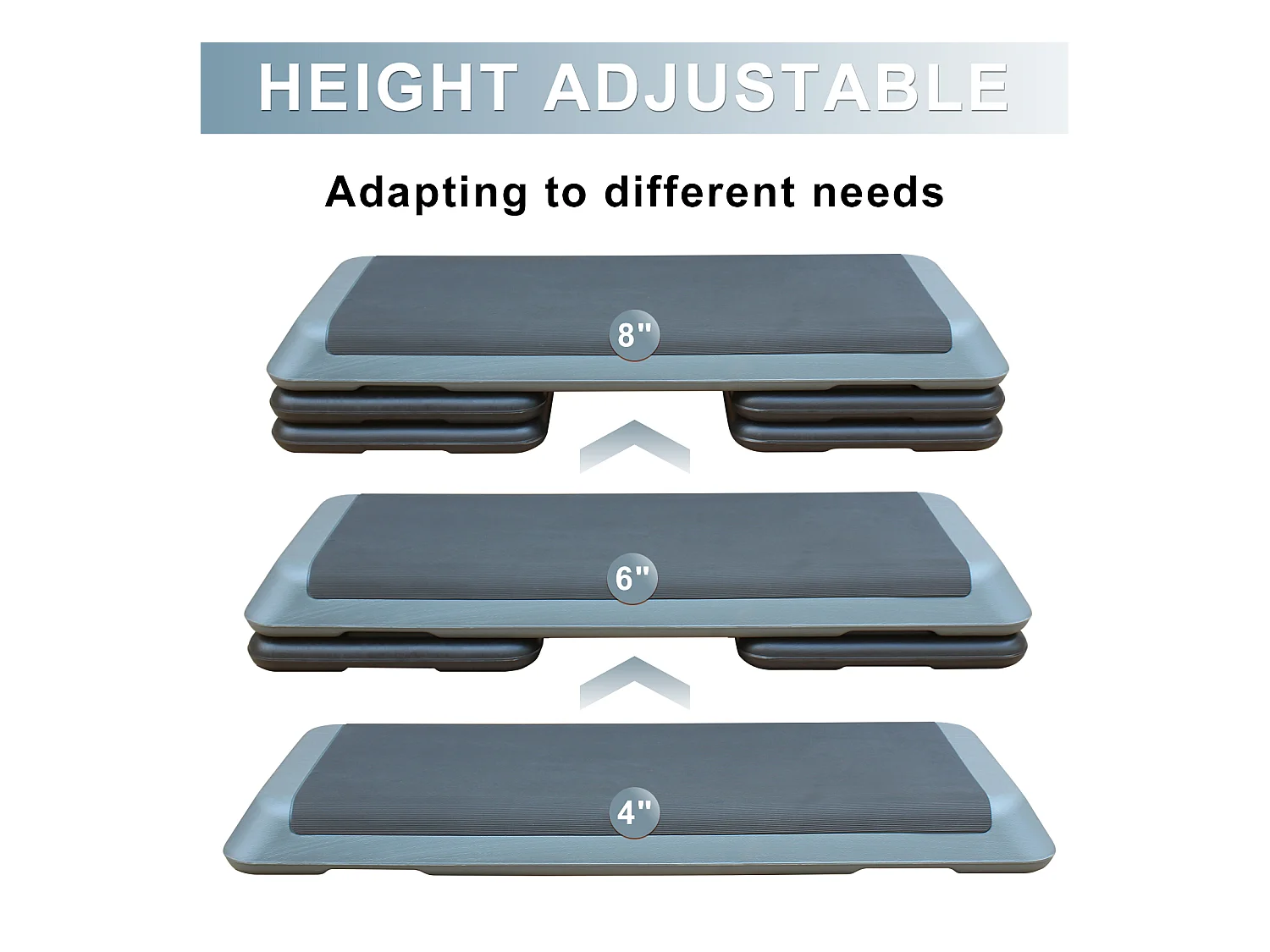 Plateforme de step aérobic réglable, surface antidérapante, polyéthylène, gris, avec 4 rehausseurs (109x41x11 cm)