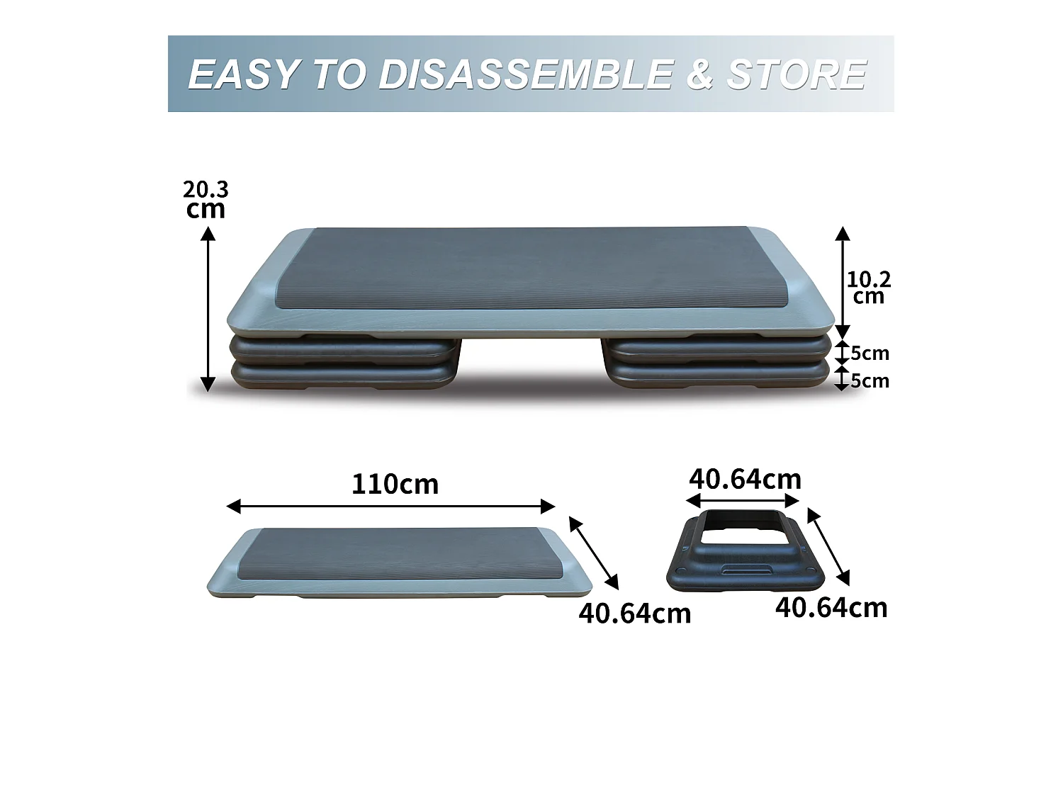 Plateforme de step aérobic réglable, surface antidérapante, polyéthylène, gris, avec 4 rehausseurs (109x41x11 cm)