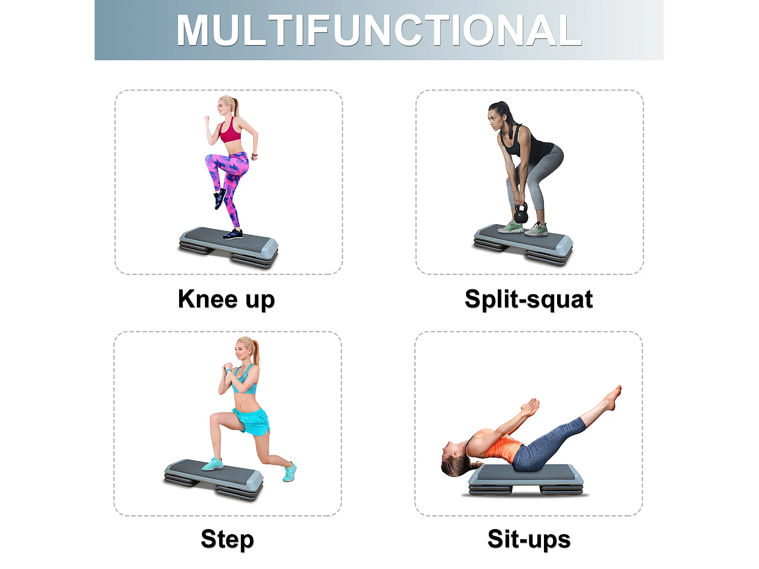 Plateforme de step aérobic réglable, surface antidérapante, polyéthylène, gris, avec 4 rehausseurs (109x41x11 cm)