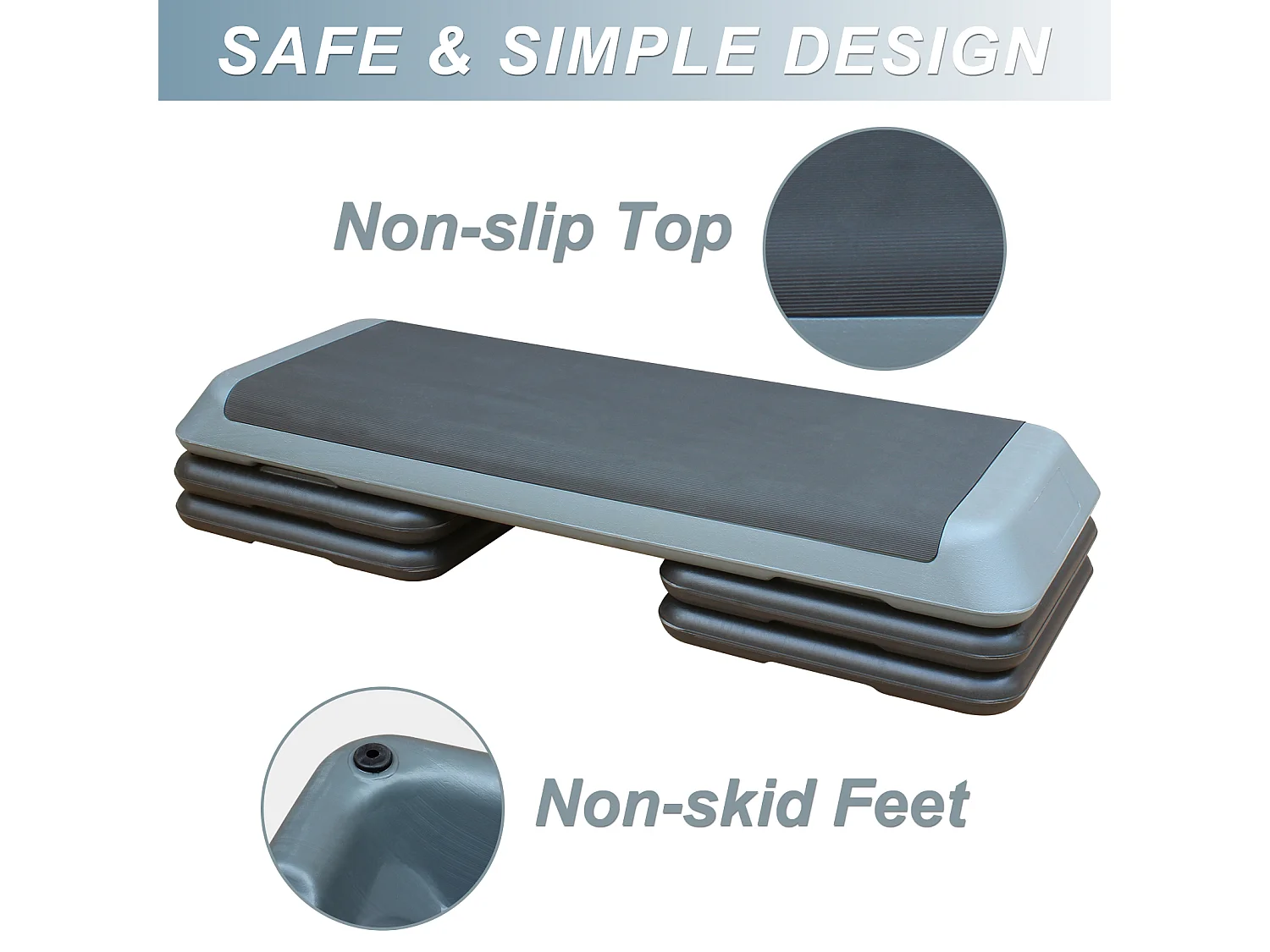 Plateforme de step aérobic réglable, surface antidérapante, polyéthylène, gris, avec 4 rehausseurs (109x41x11 cm)