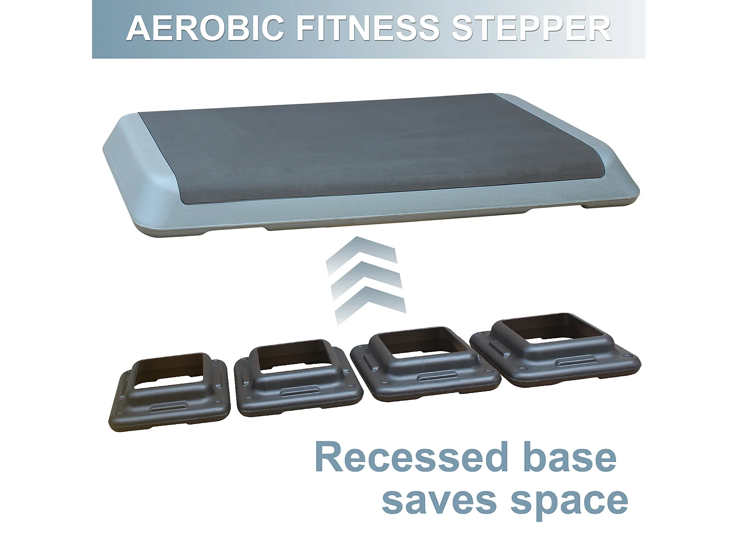Plateforme de step aérobic réglable, surface antidérapante, polyéthylène, gris, avec 4 rehausseurs (109x41x11 cm)