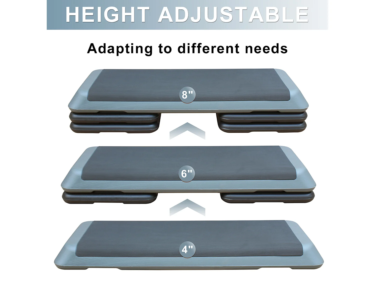 Plateforme de step aérobic réglable, surface antidérapante, polyéthylène, gris, avec 4 rehausseurs (109x41x11 cm)