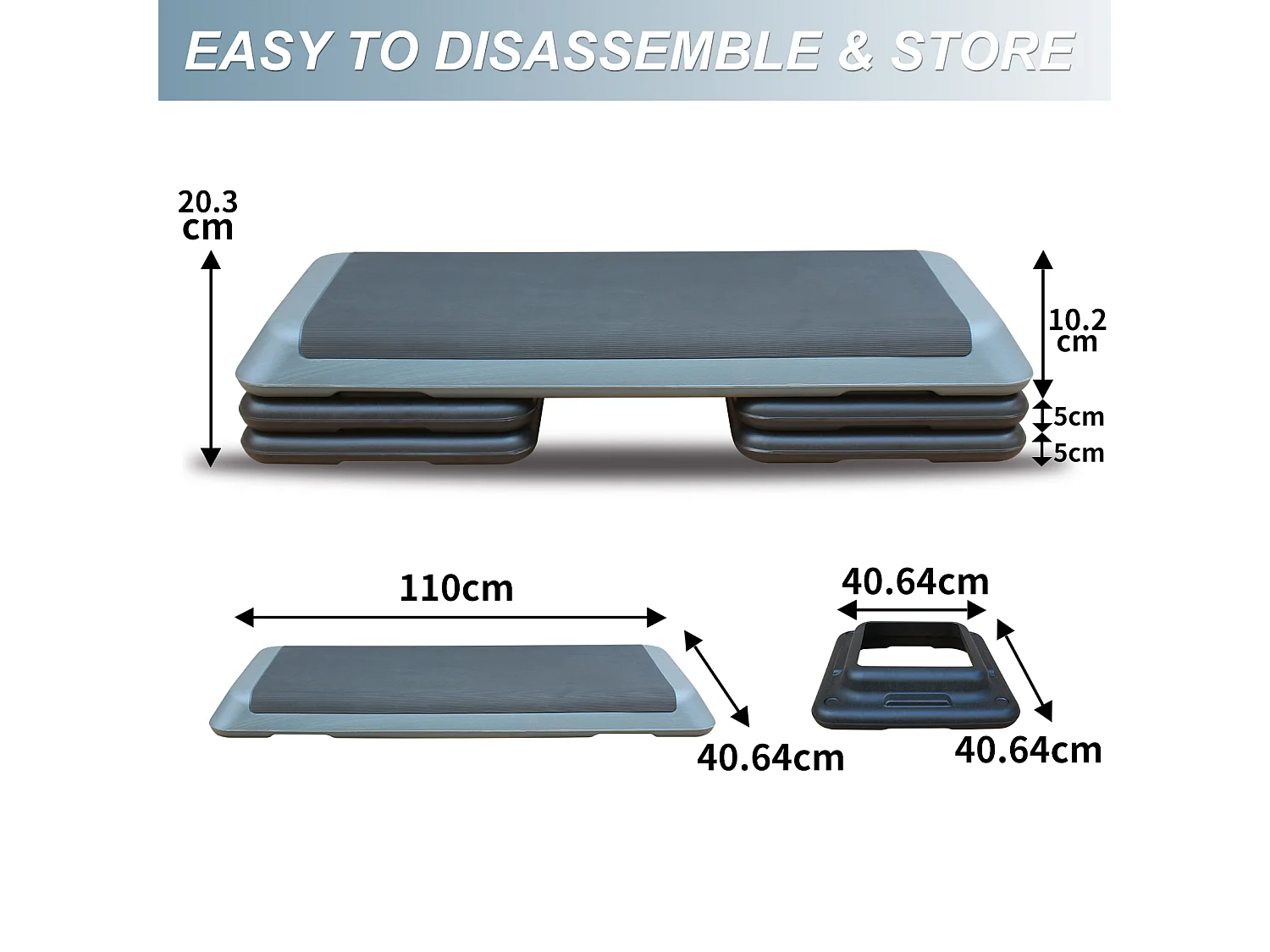 Plateforme de step aérobic réglable, surface antidérapante, polyéthylène, gris, avec 4 rehausseurs (109x41x11 cm)