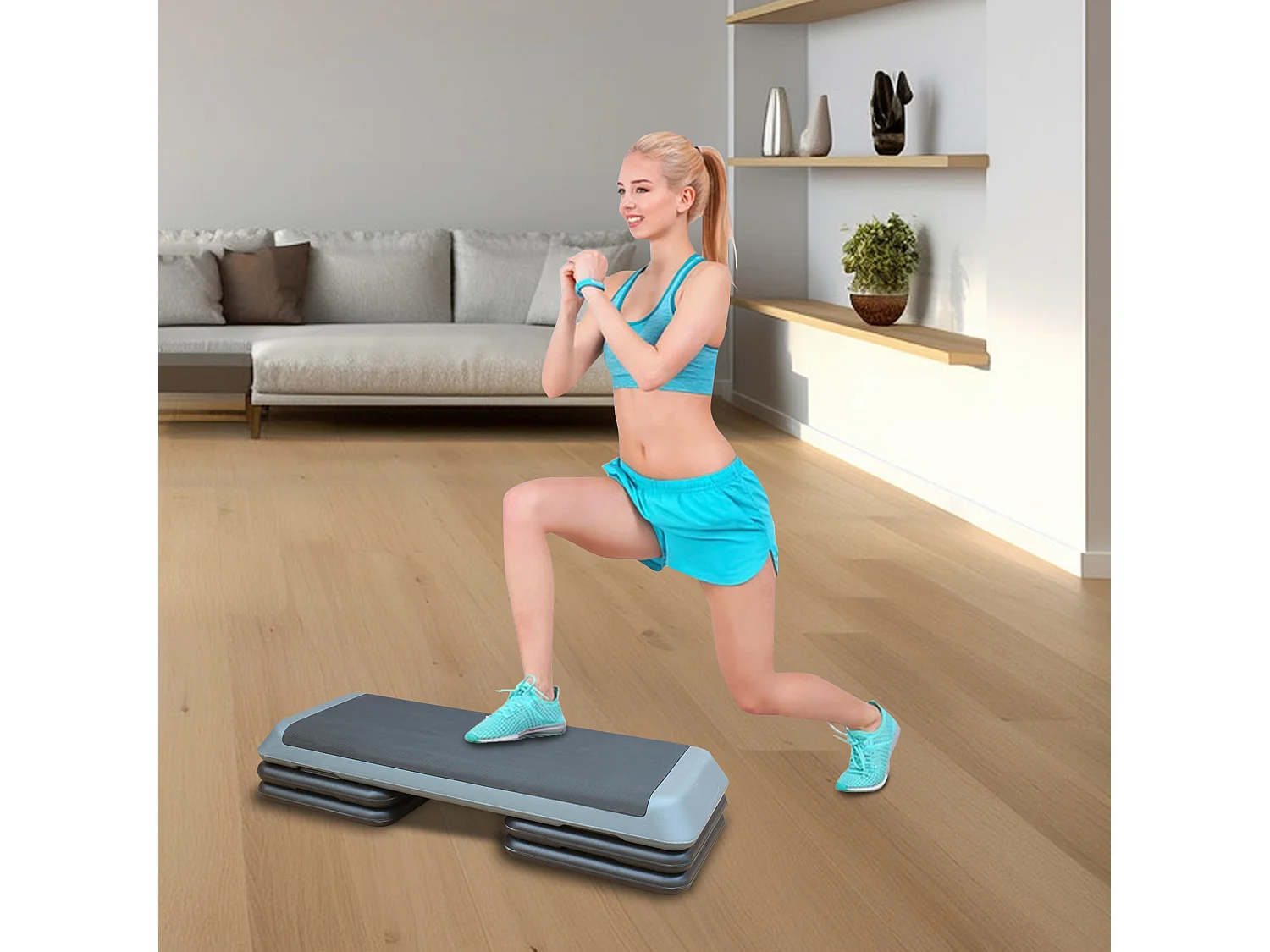 Plateforme de step aérobic réglable, surface antidérapante, polyéthylène, gris, avec 4 rehausseurs (109x41x11 cm)