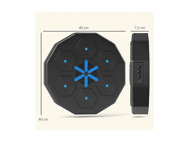 Cible de boxe électronique avec Bluetooth, musique et LED, en similicuir, noir (40x40x7.5cm)