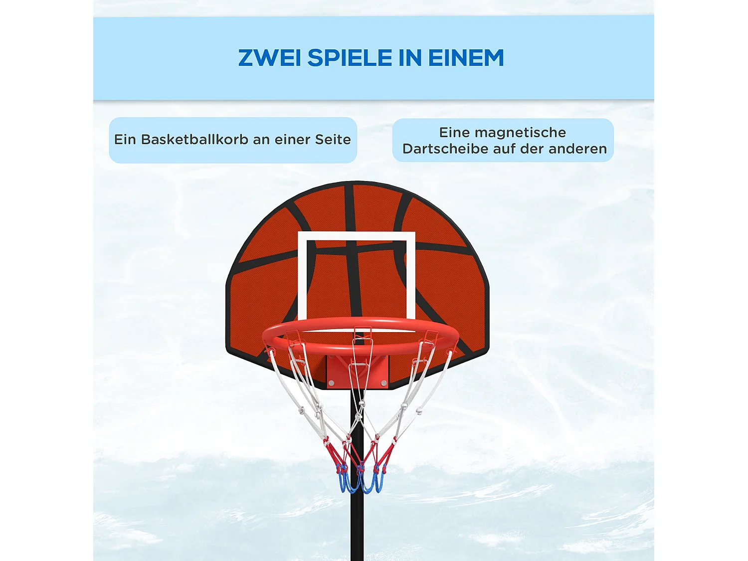 Panier de basket réglable en hauteur 129-179 cm avec support, incl. cible magnétique de fléchettes, acier, marron (38x38x179 cm)