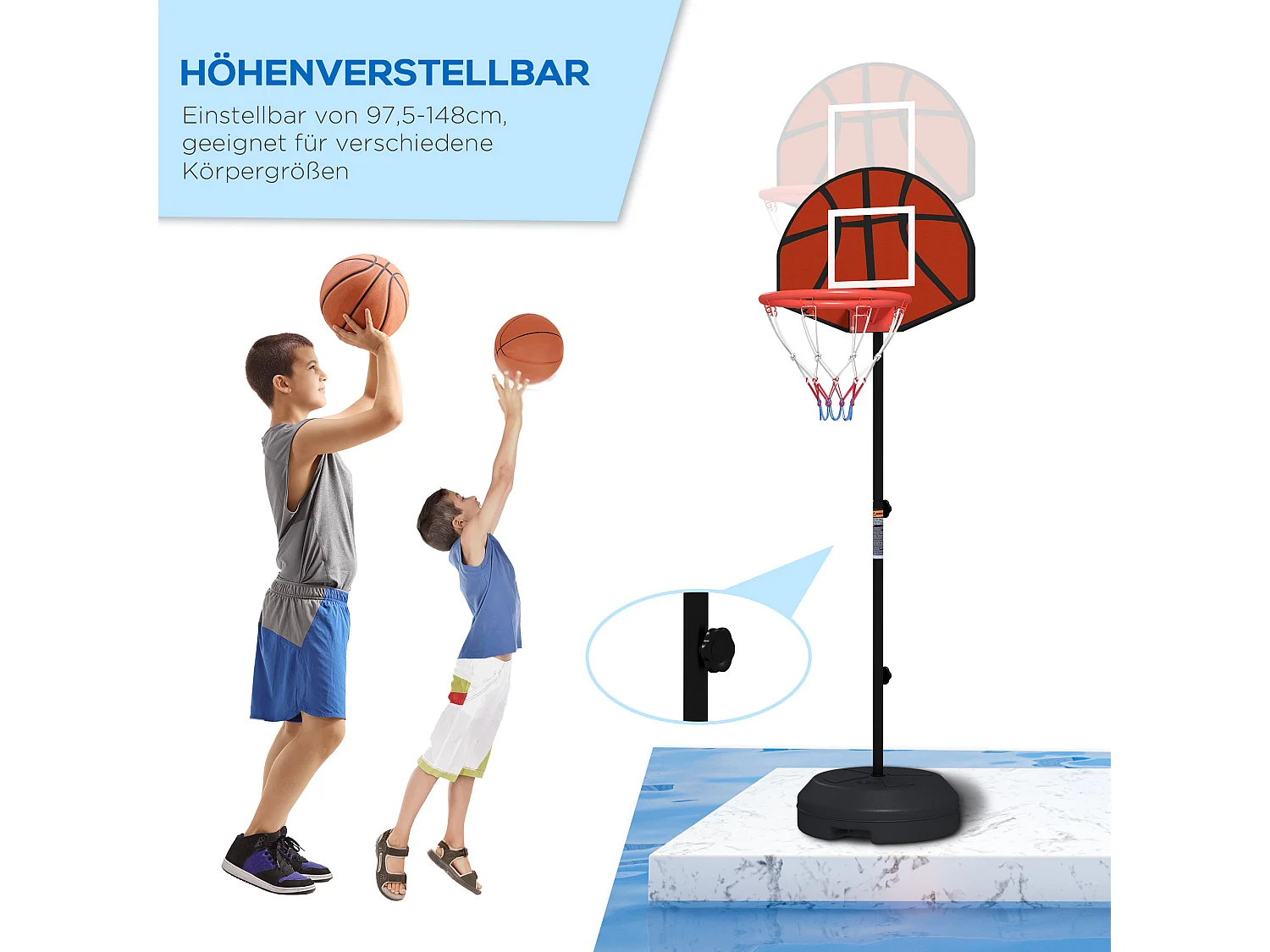 Panier de basket réglable en hauteur 129-179 cm avec support, incl. cible magnétique de fléchettes, acier, marron (38x38x179 cm)