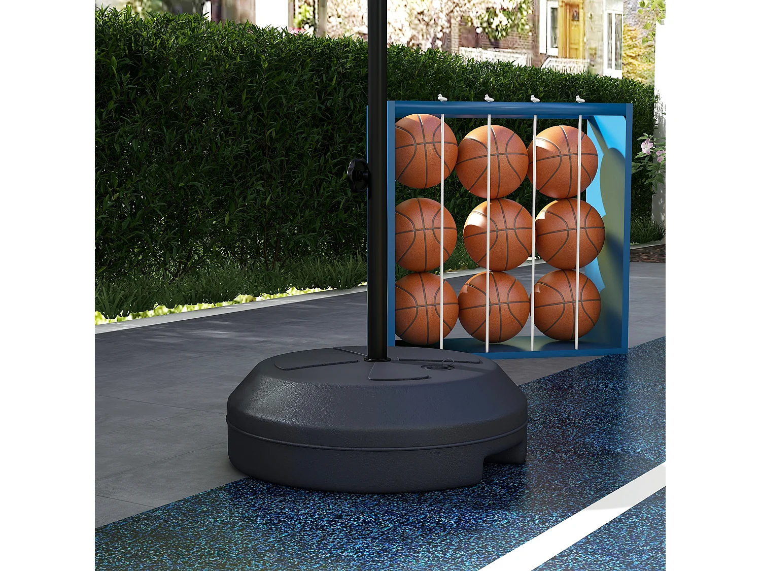 Panier de basket réglable en hauteur 129-179 cm avec support, incl. cible magnétique de fléchettes, acier, marron (38x38x179 cm)