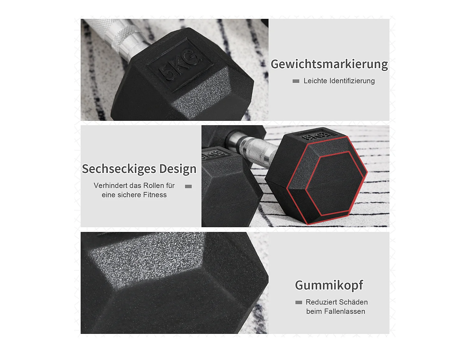 Haltères hexagonaux 2 pièces, fonte avec revêtement caoutchouc, noir (27.2x10.5x10.5cm)