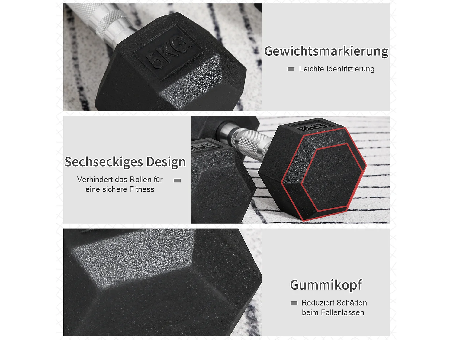 Haltères hexagonaux 2 pièces, fonte avec revêtement caoutchouc, noir (27.2x10.5x10.5cm)