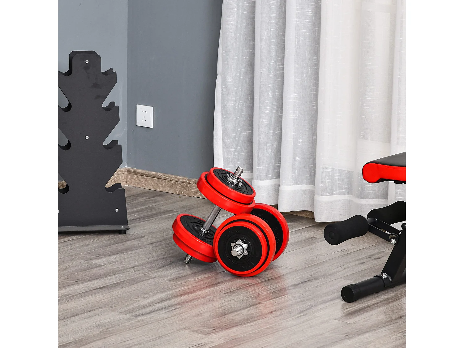 Set d’haltères 20kg 2-en-1, fer, plastique PP, rouge et noir (21.5x21.5x3.8cm)