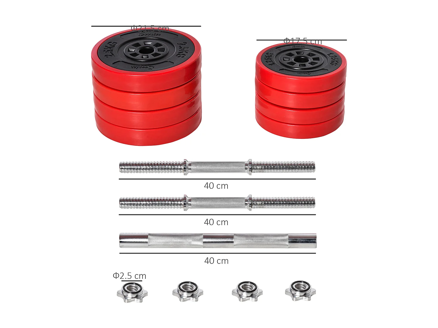 Set d’haltères 20kg 2-en-1, fer, plastique PP, rouge et noir (21.5x21.5x3.8cm)