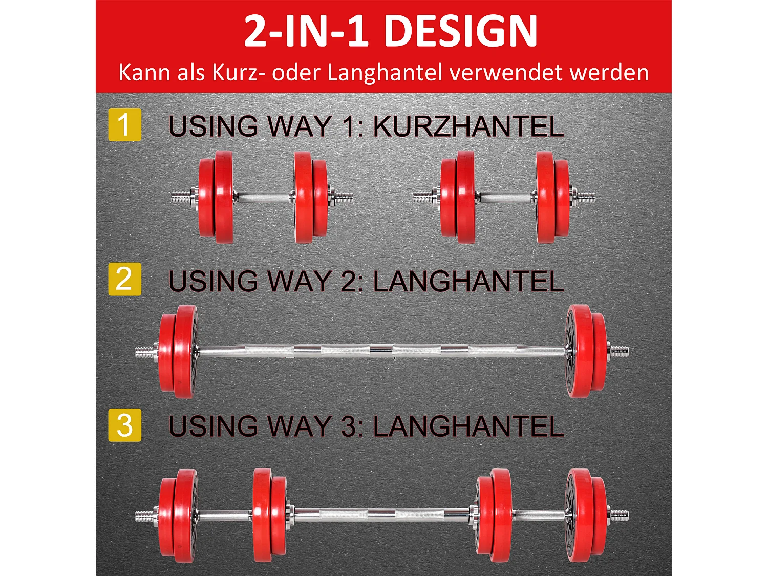 Set d’haltères 20kg 2-en-1, fer, plastique PP, rouge et noir (21.5x21.5x3.8cm)