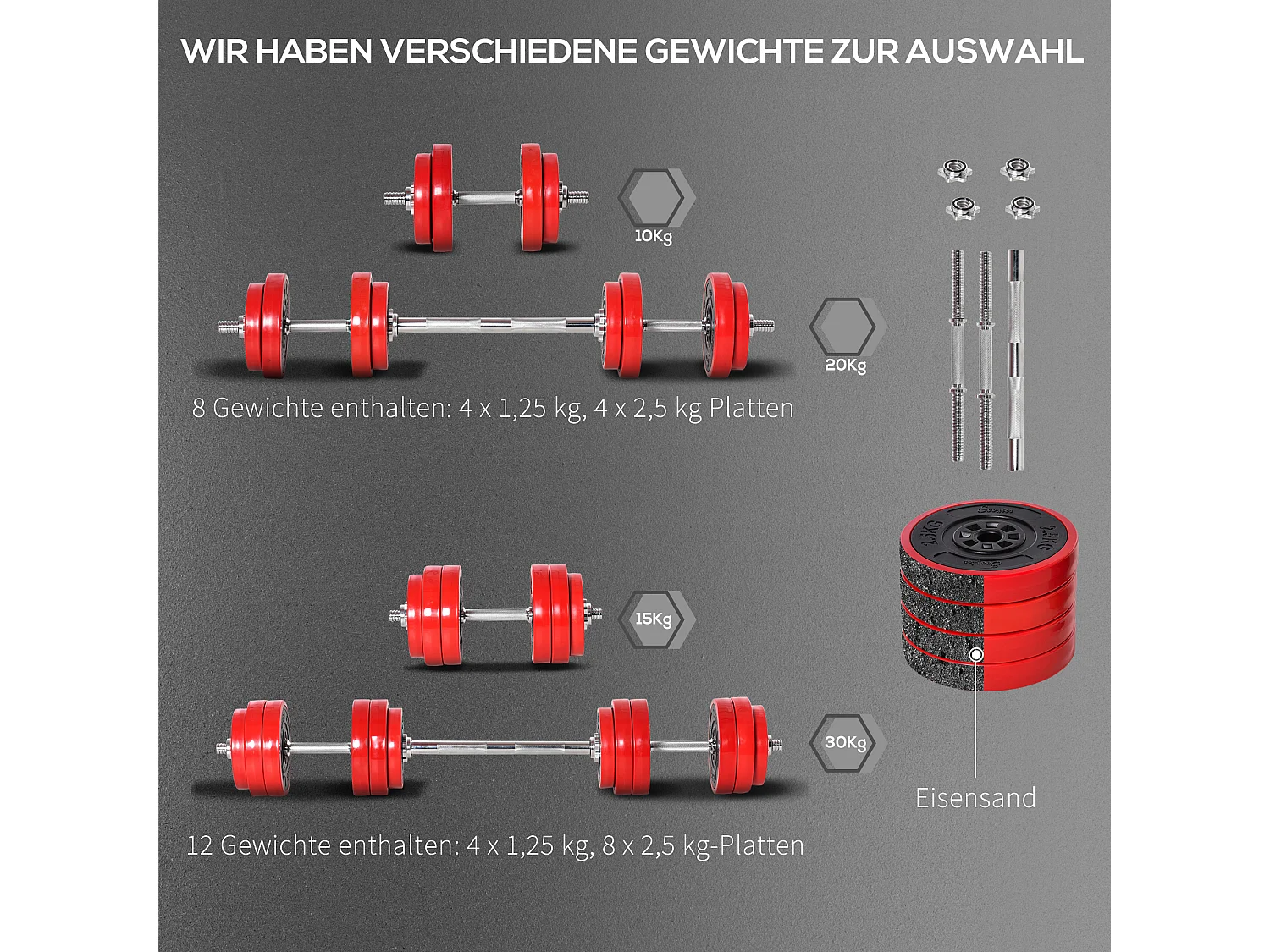 Set d’haltères 20kg 2-en-1, fer, plastique PP, rouge et noir (21.5x21.5x3.8cm)