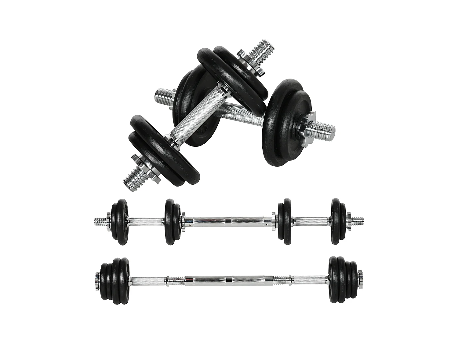 Set d’haltères réglables 2 en 1, fonte, noir, avec barre de connexion antirouille (95x16x16cm)