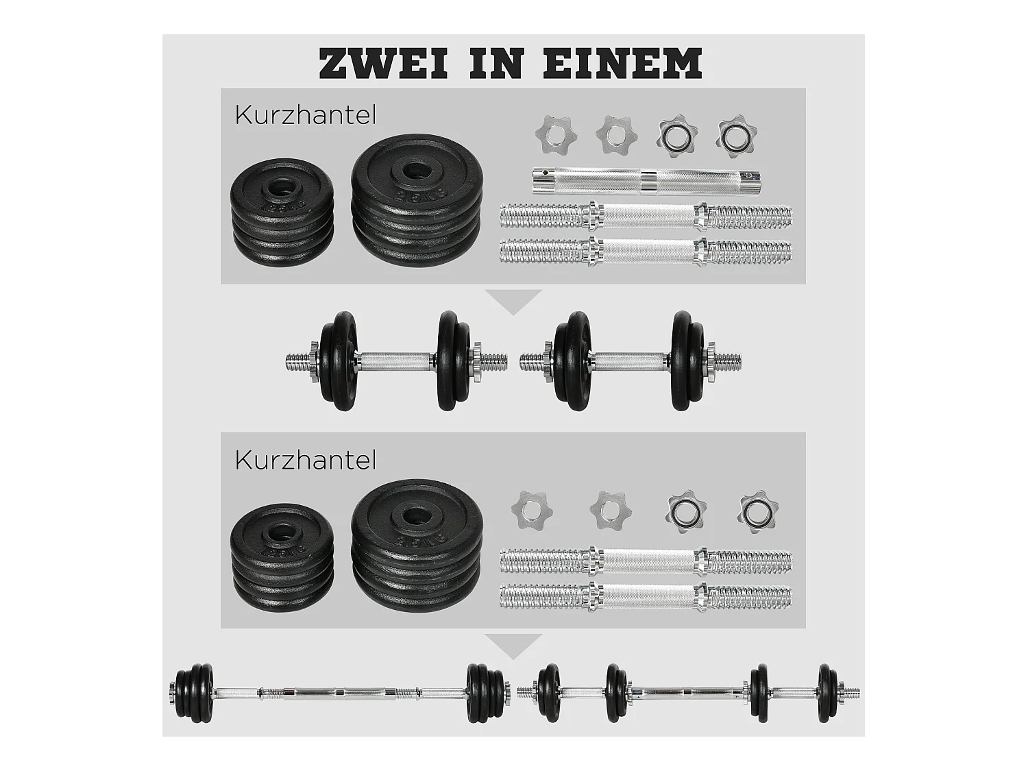 Set d’haltères réglables 2 en 1, fonte, noir, avec barre de connexion antirouille (95x16x16cm)