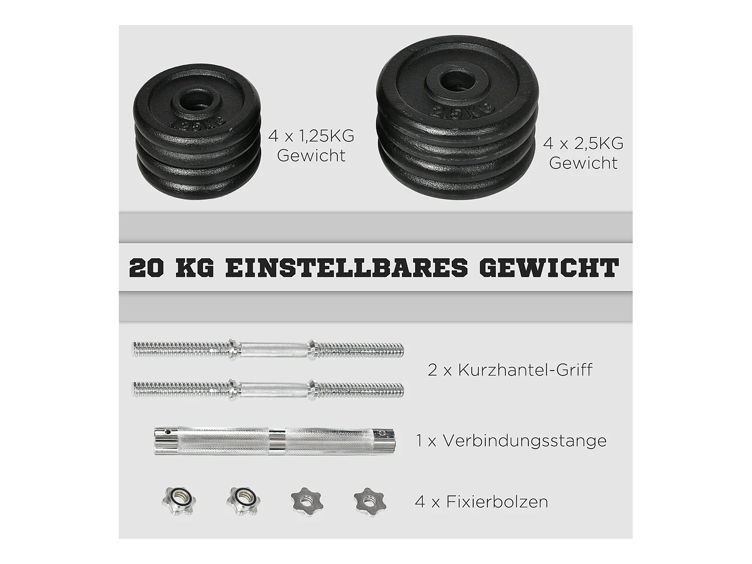 Set d’haltères réglables 2 en 1, fonte, noir, avec barre de connexion antirouille (95x16x16cm)