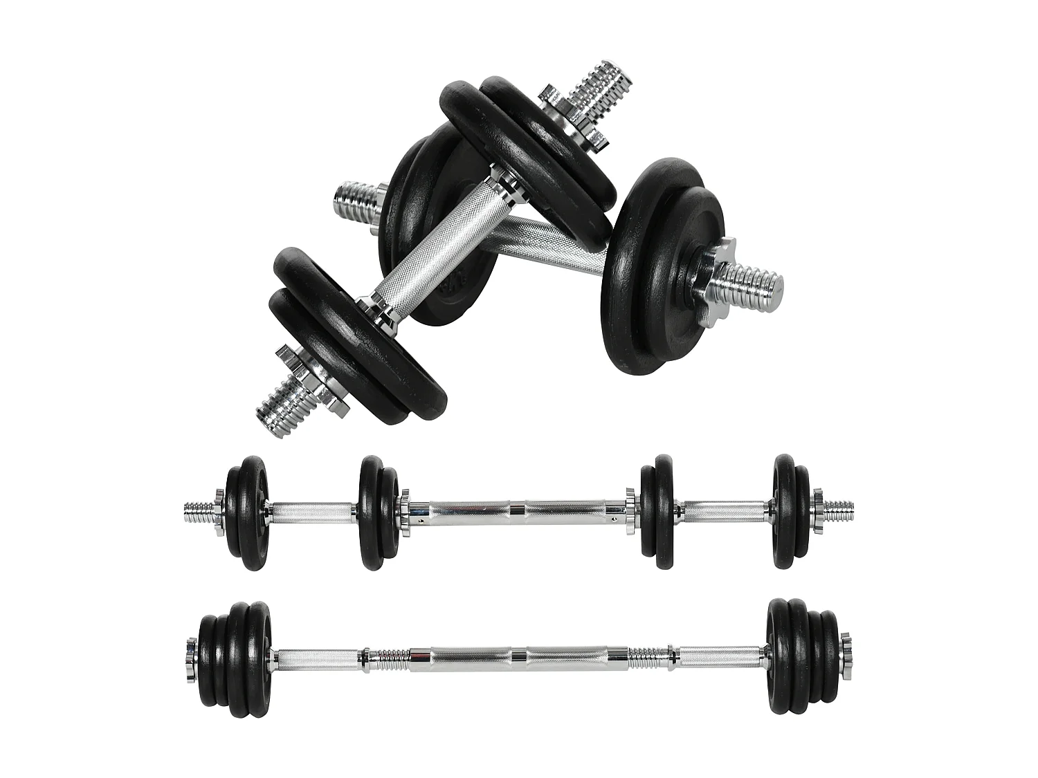 Set d’haltères réglables 2 en 1, fonte, noir, avec barre de connexion antirouille (95x16x16cm)