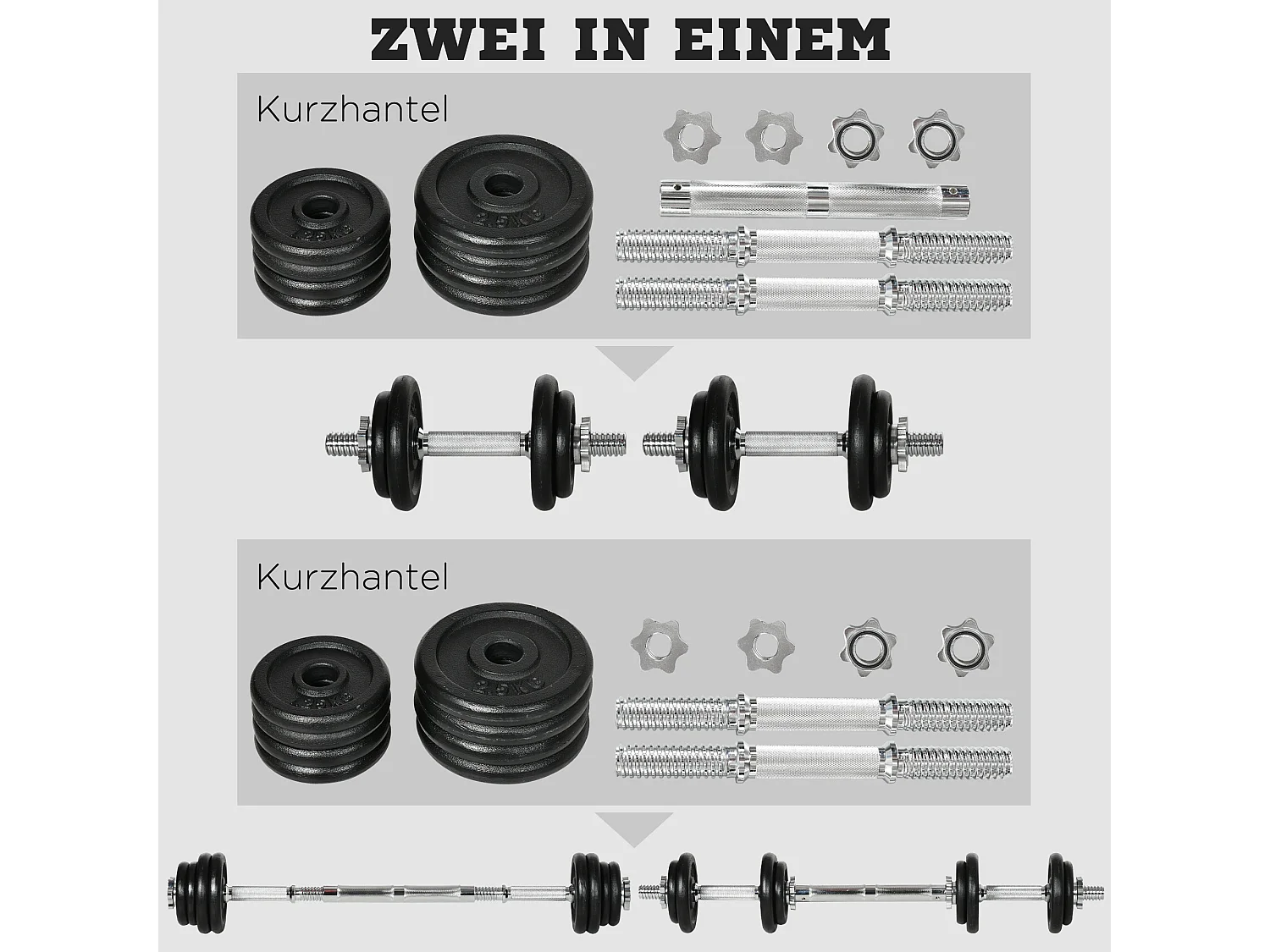 Set d’haltères réglables 2 en 1, fonte, noir, avec barre de connexion antirouille (95x16x16cm)
