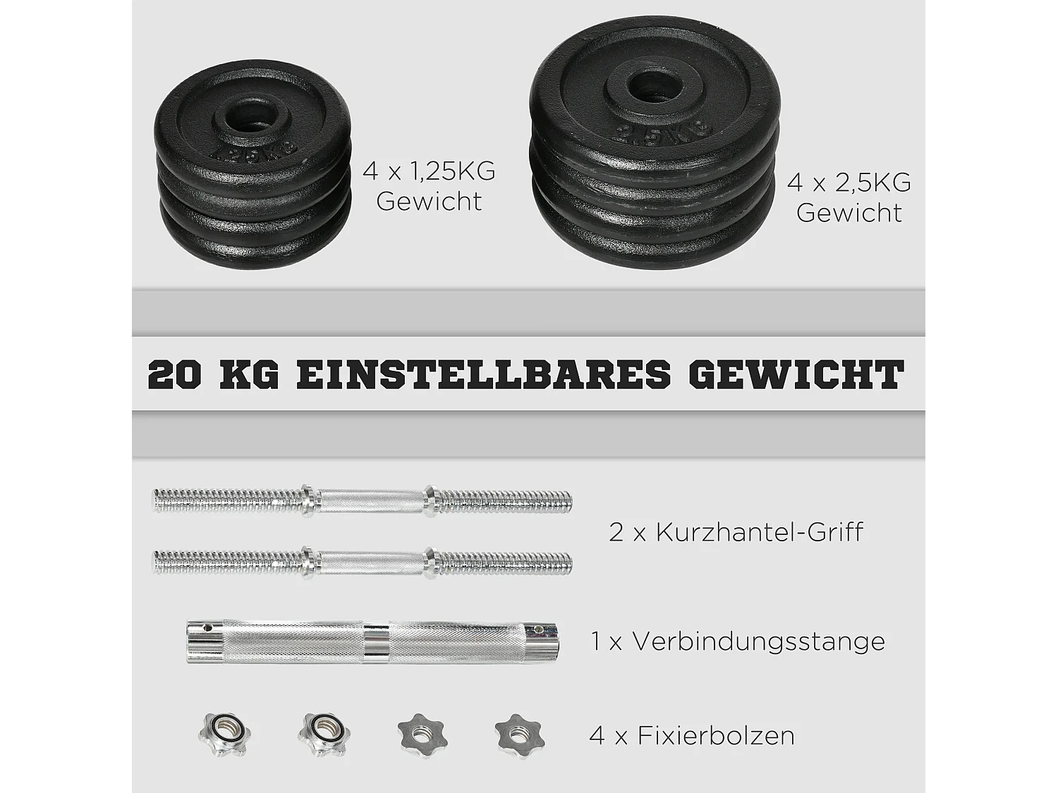 Set d’haltères réglables 2 en 1, fonte, noir, avec barre de connexion antirouille (95x16x16cm)