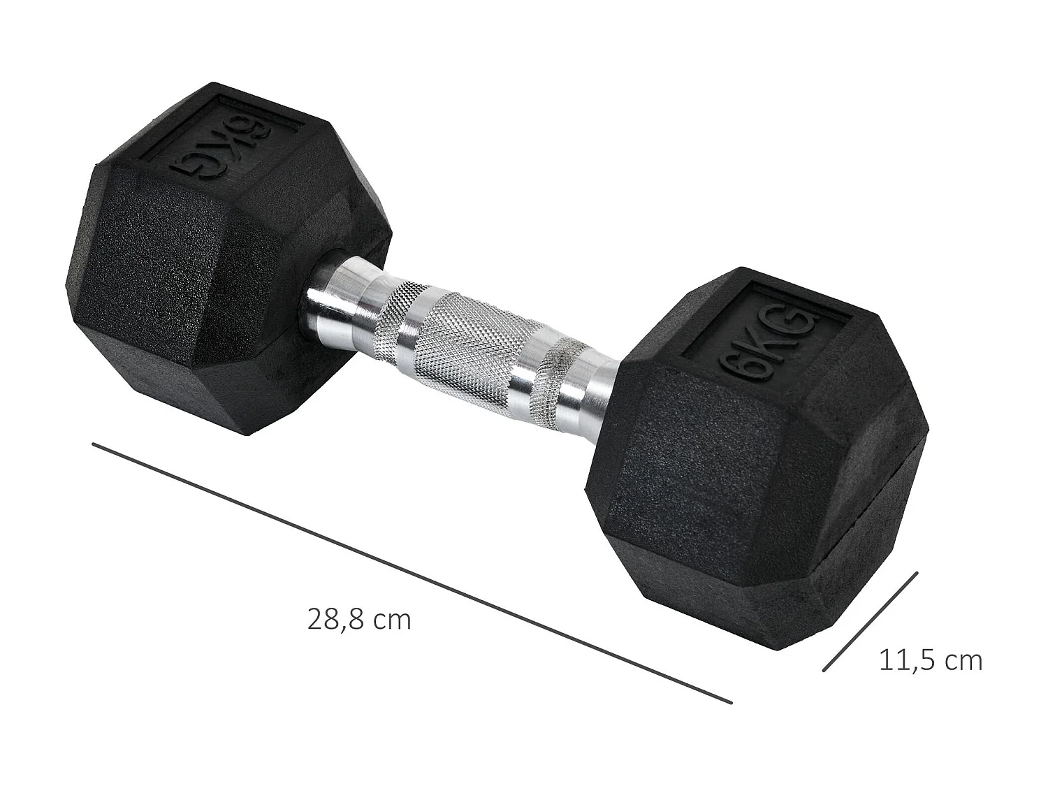Haltères hexagonales en métal, 2x6 kg, recouvertes de caoutchouc, noir (11.5x11.5x28.8 cm)