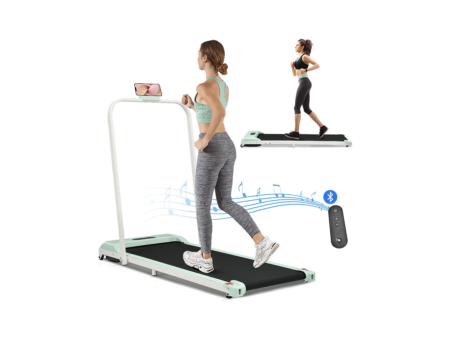 Tapis course pliable 2-en-1, télécommande, 1-6km/h, écran LED, haut-parleur Bluetooth, support téléphone, métal vert (130x58x13cm)