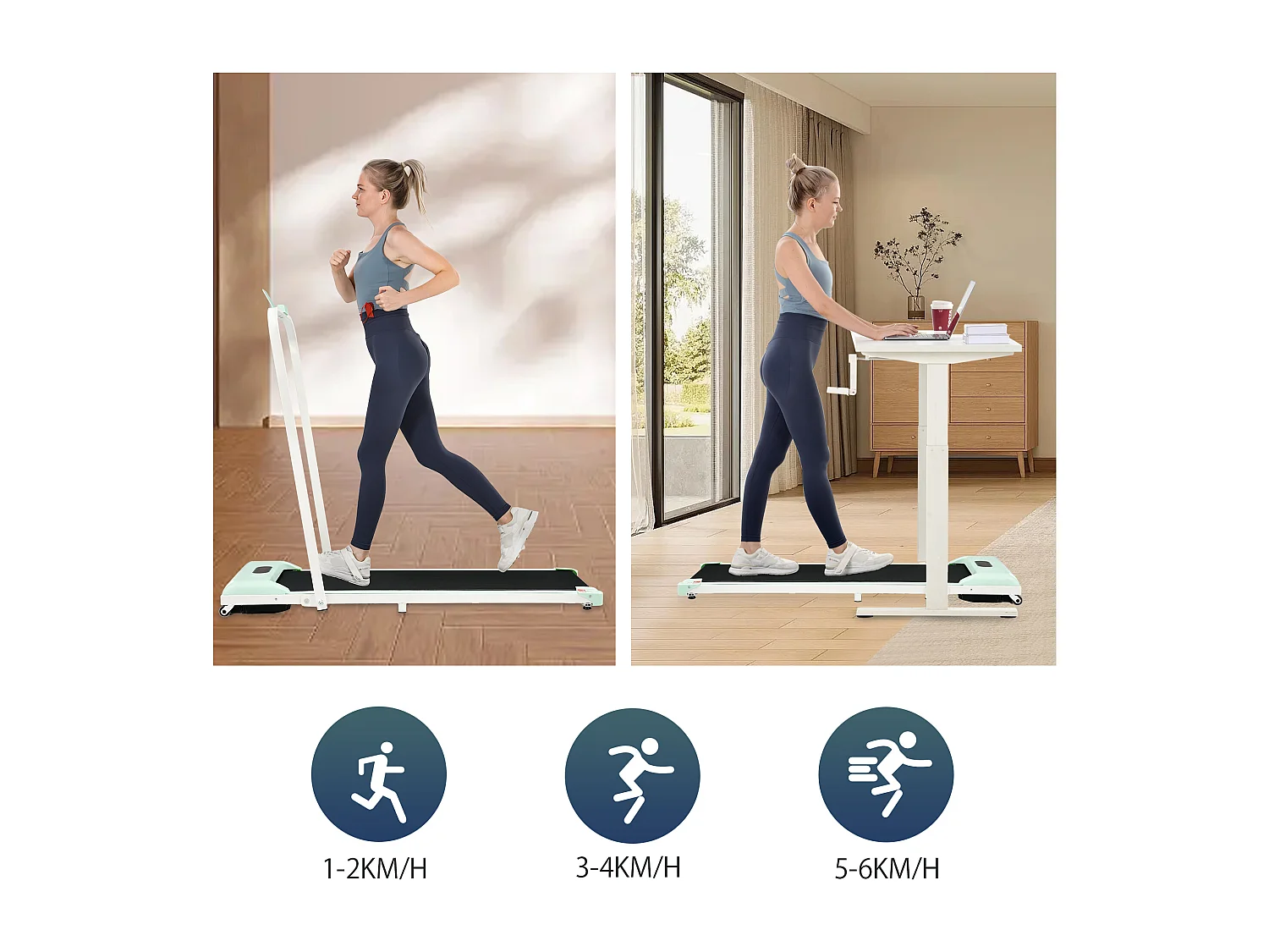 Tapis course pliable 2-en-1, télécommande, 1-6km/h, écran LED, haut-parleur Bluetooth, support téléphone, métal vert (130x58x13cm)