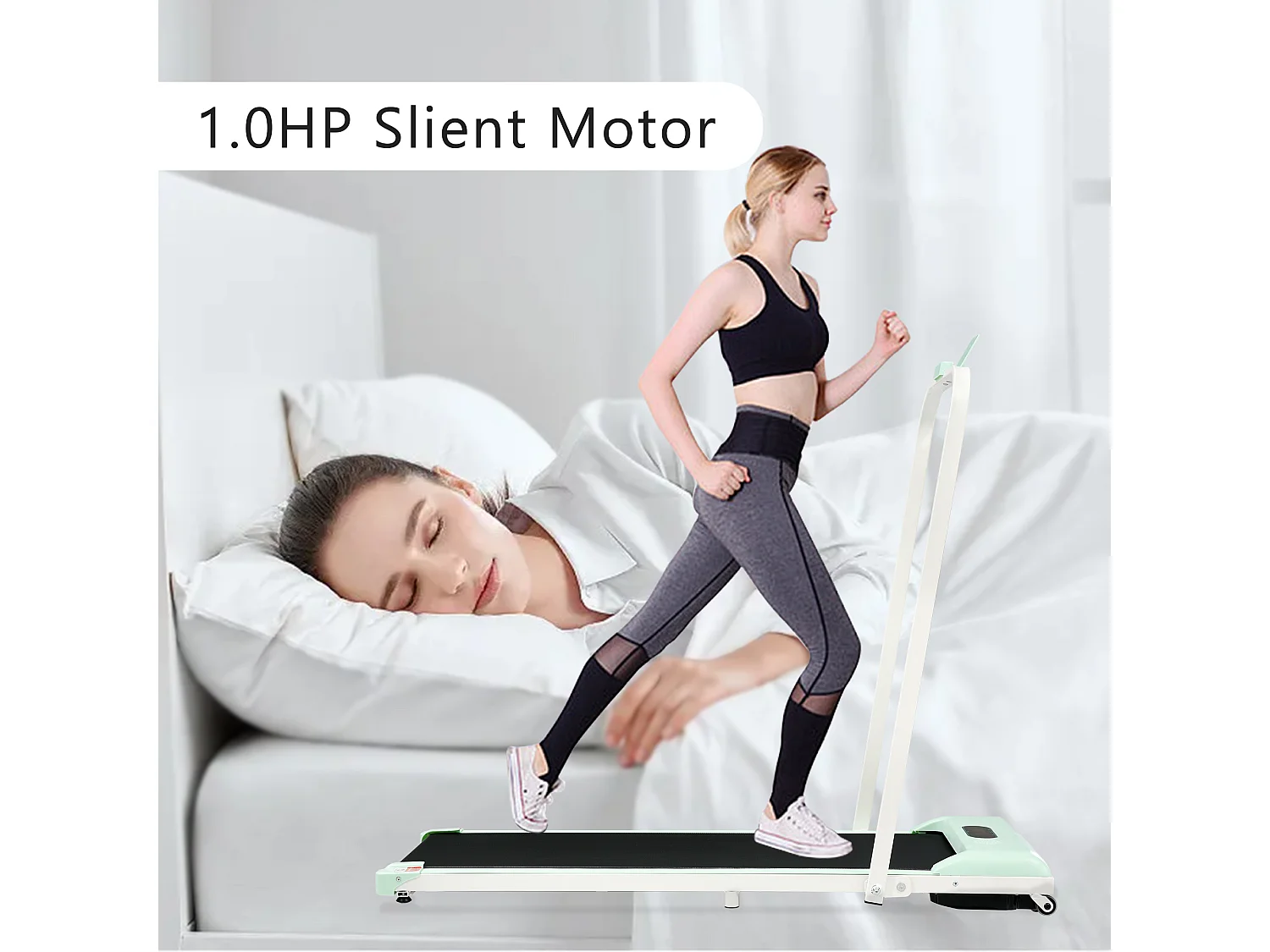 Tapis course pliable 2-en-1, télécommande, 1-6km/h, écran LED, haut-parleur Bluetooth, support téléphone, métal vert (130x58x13cm)